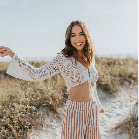 Festival crochet long sleeve white cropped top